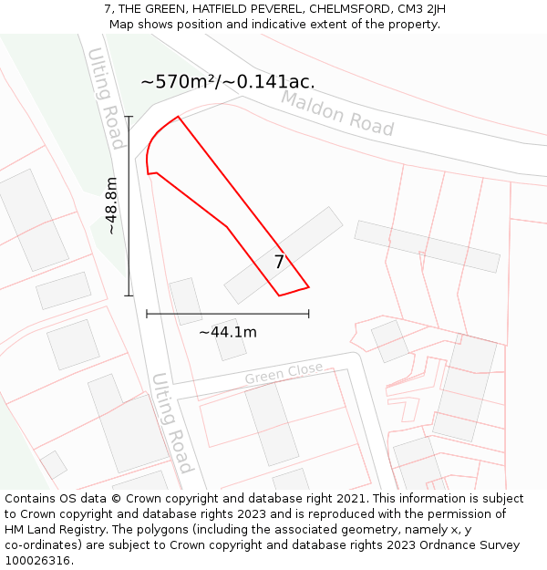 7, THE GREEN, HATFIELD PEVEREL, CHELMSFORD, CM3 2JH: Plot and title map