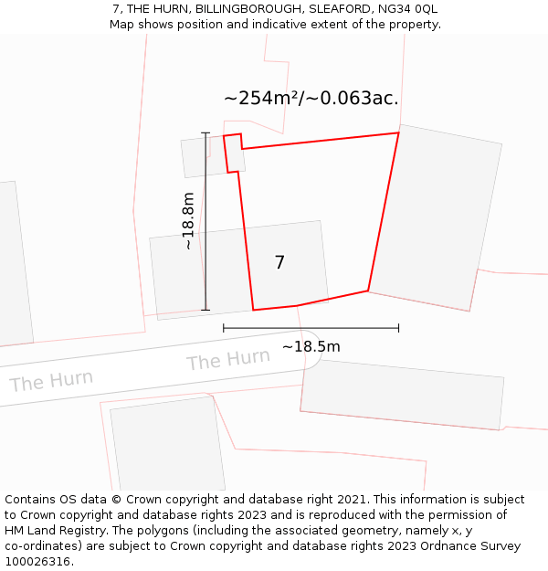 7, THE HURN, BILLINGBOROUGH, SLEAFORD, NG34 0QL: Plot and title map