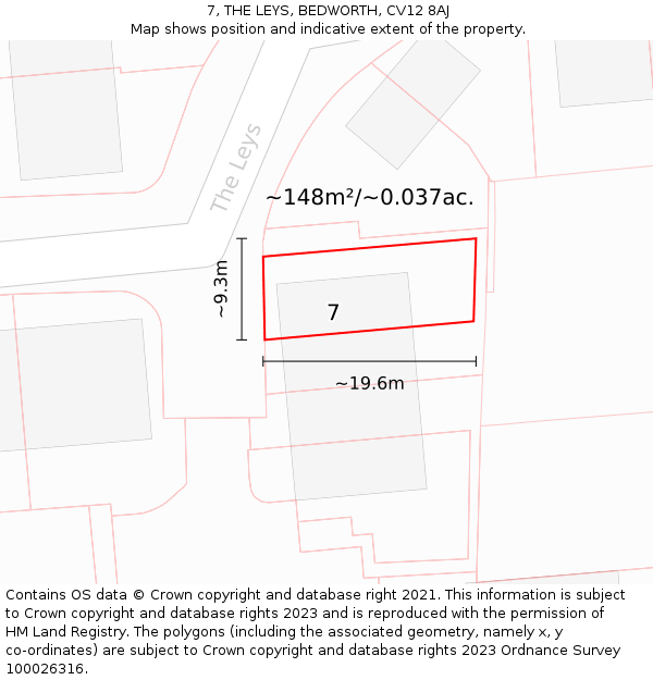 7, THE LEYS, BEDWORTH, CV12 8AJ: Plot and title map