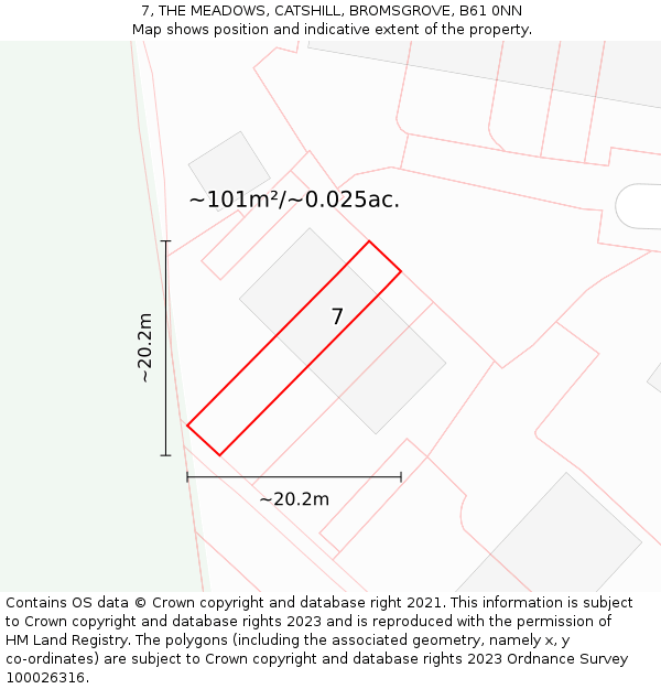 7, THE MEADOWS, CATSHILL, BROMSGROVE, B61 0NN: Plot and title map