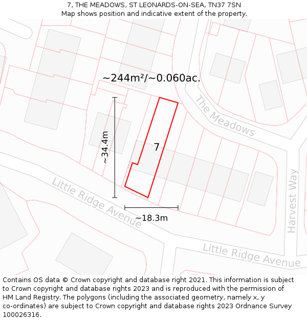 7, THE MEADOWS, ST LEONARDS-ON-SEA, TN37 7SN: Plot and title map