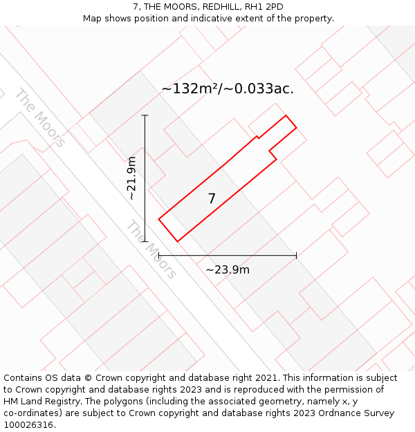 7, THE MOORS, REDHILL, RH1 2PD: Plot and title map