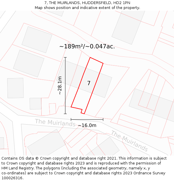 7, THE MUIRLANDS, HUDDERSFIELD, HD2 1PN: Plot and title map