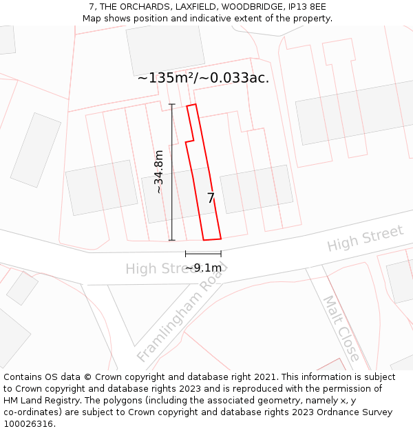 7, THE ORCHARDS, LAXFIELD, WOODBRIDGE, IP13 8EE: Plot and title map