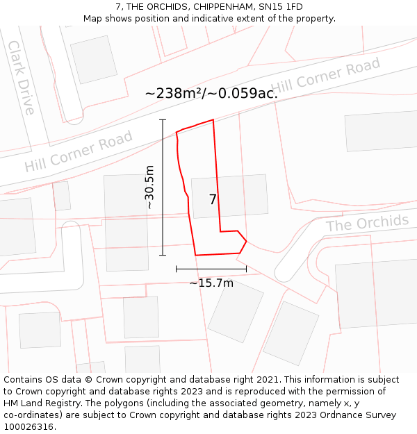7, THE ORCHIDS, CHIPPENHAM, SN15 1FD: Plot and title map