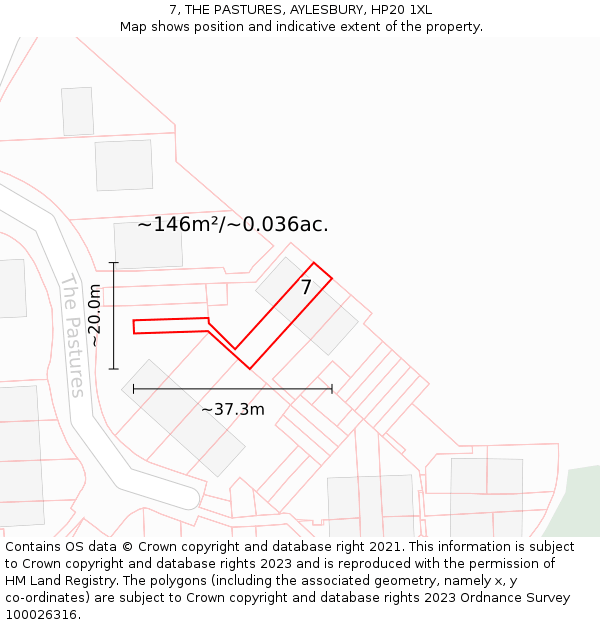7, THE PASTURES, AYLESBURY, HP20 1XL: Plot and title map