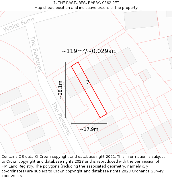 7, THE PASTURES, BARRY, CF62 9ET: Plot and title map