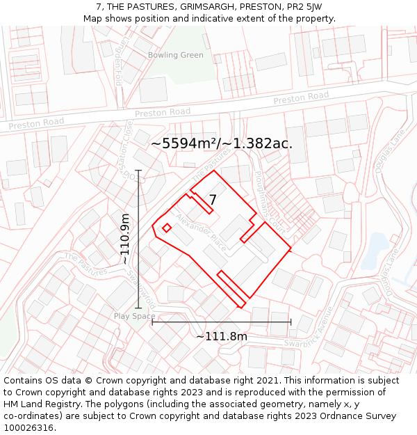 7, THE PASTURES, GRIMSARGH, PRESTON, PR2 5JW: Plot and title map