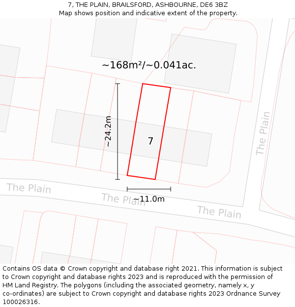 7, THE PLAIN, BRAILSFORD, ASHBOURNE, DE6 3BZ: Plot and title map