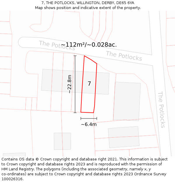7, THE POTLOCKS, WILLINGTON, DERBY, DE65 6YA: Plot and title map