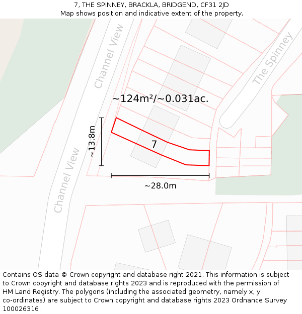 7, THE SPINNEY, BRACKLA, BRIDGEND, CF31 2JD: Plot and title map