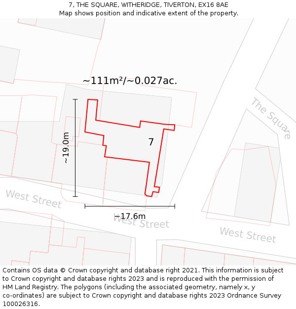 7, THE SQUARE, WITHERIDGE, TIVERTON, EX16 8AE: Plot and title map