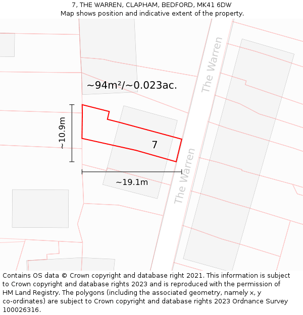 7, THE WARREN, CLAPHAM, BEDFORD, MK41 6DW: Plot and title map