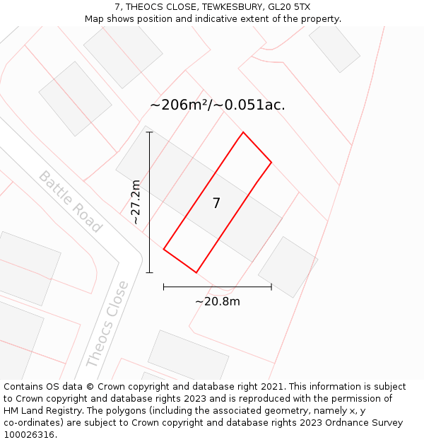 7, THEOCS CLOSE, TEWKESBURY, GL20 5TX: Plot and title map