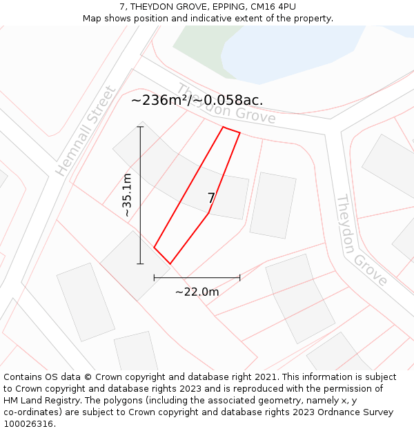 7, THEYDON GROVE, EPPING, CM16 4PU: Plot and title map