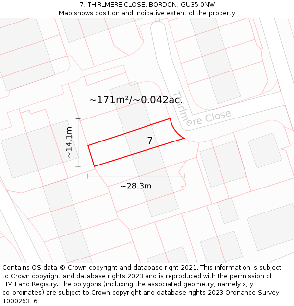 7, THIRLMERE CLOSE, BORDON, GU35 0NW: Plot and title map