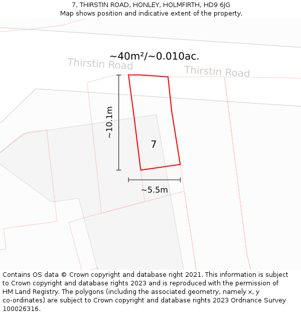 7, THIRSTIN ROAD, HONLEY, HOLMFIRTH, HD9 6JG: Plot and title map