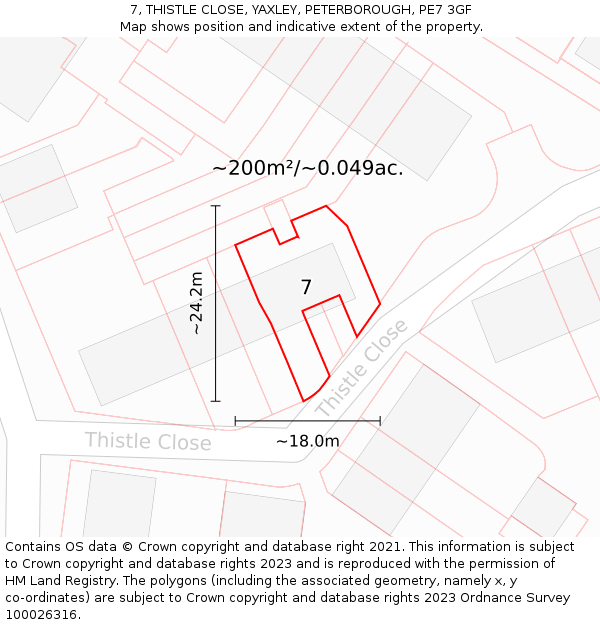 7, THISTLE CLOSE, YAXLEY, PETERBOROUGH, PE7 3GF: Plot and title map