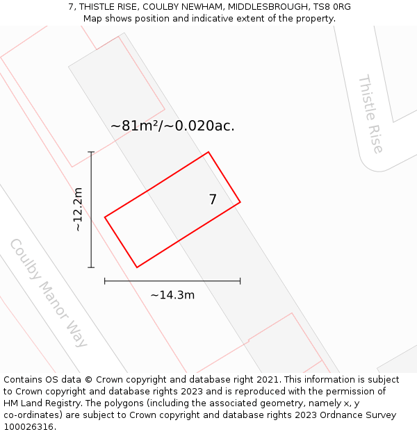 7, THISTLE RISE, COULBY NEWHAM, MIDDLESBROUGH, TS8 0RG: Plot and title map