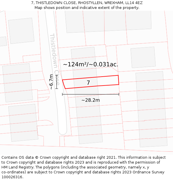 7, THISTLEDOWN CLOSE, RHOSTYLLEN, WREXHAM, LL14 4EZ: Plot and title map