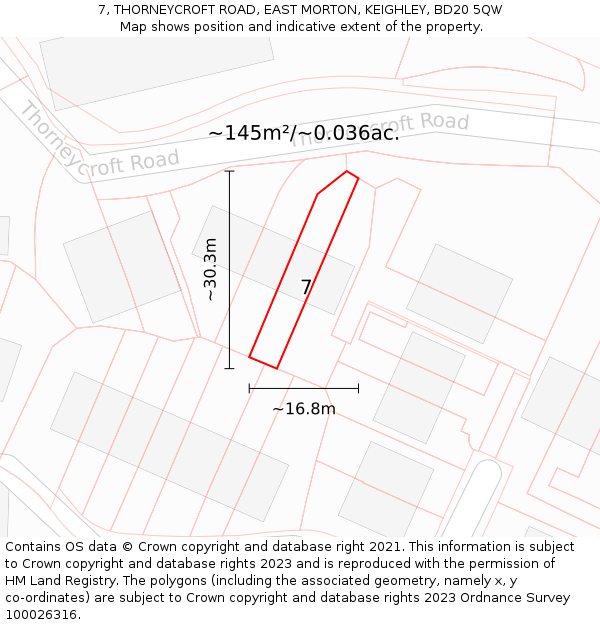 7, THORNEYCROFT ROAD, EAST MORTON, KEIGHLEY, BD20 5QW: Plot and title map