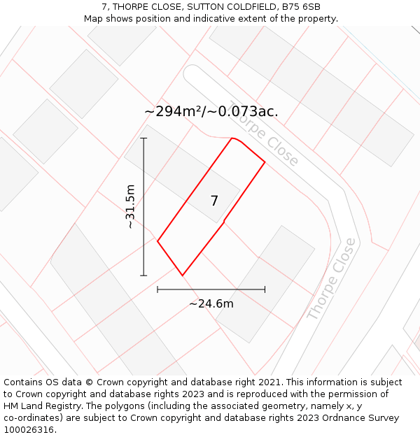 7, THORPE CLOSE, SUTTON COLDFIELD, B75 6SB: Plot and title map