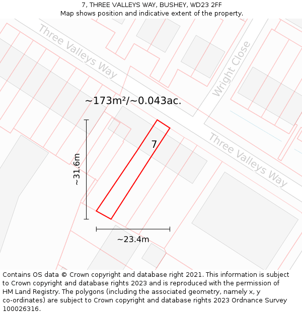 7, THREE VALLEYS WAY, BUSHEY, WD23 2FF: Plot and title map