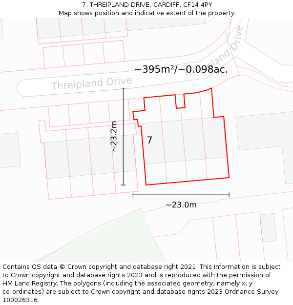7, THREIPLAND DRIVE, CARDIFF, CF14 4PY: Plot and title map