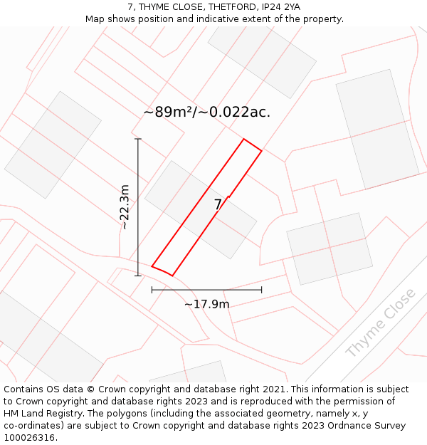 7, THYME CLOSE, THETFORD, IP24 2YA: Plot and title map