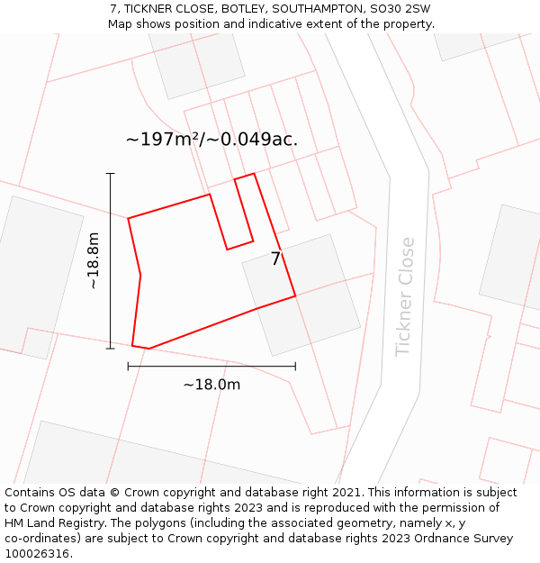7, TICKNER CLOSE, BOTLEY, SOUTHAMPTON, SO30 2SW: Plot and title map