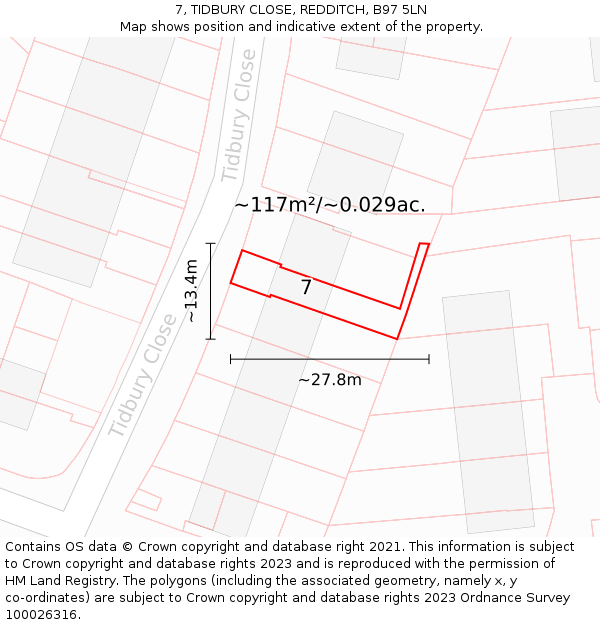 7, TIDBURY CLOSE, REDDITCH, B97 5LN: Plot and title map