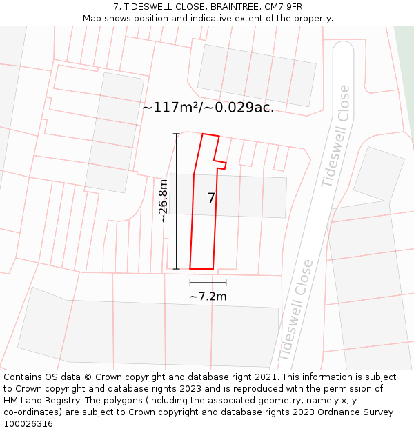7, TIDESWELL CLOSE, BRAINTREE, CM7 9FR: Plot and title map