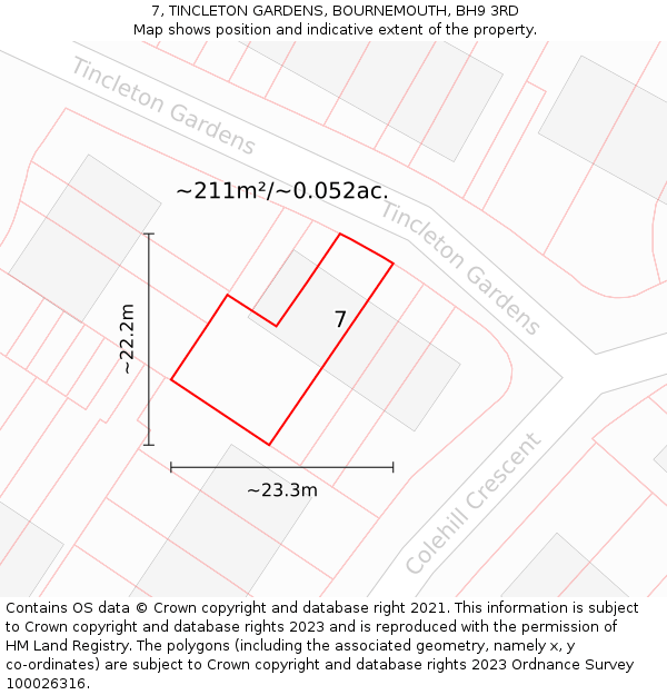 7, TINCLETON GARDENS, BOURNEMOUTH, BH9 3RD: Plot and title map