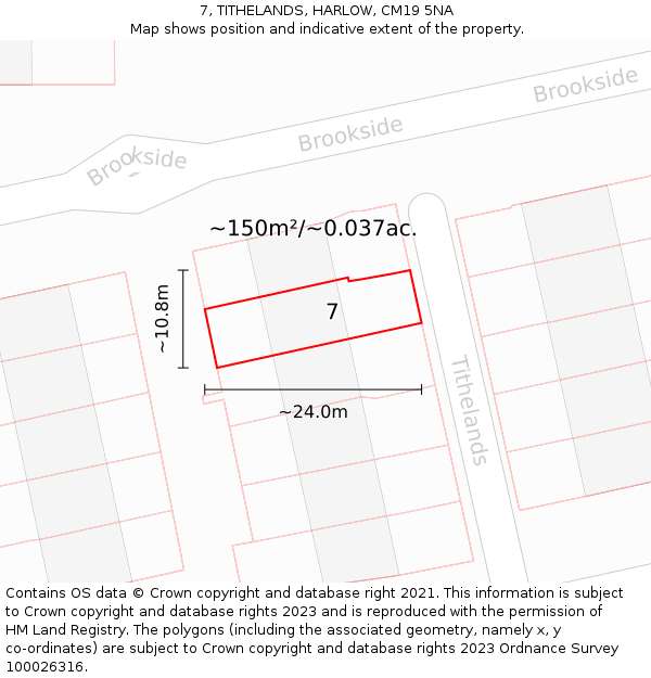 7, TITHELANDS, HARLOW, CM19 5NA: Plot and title map
