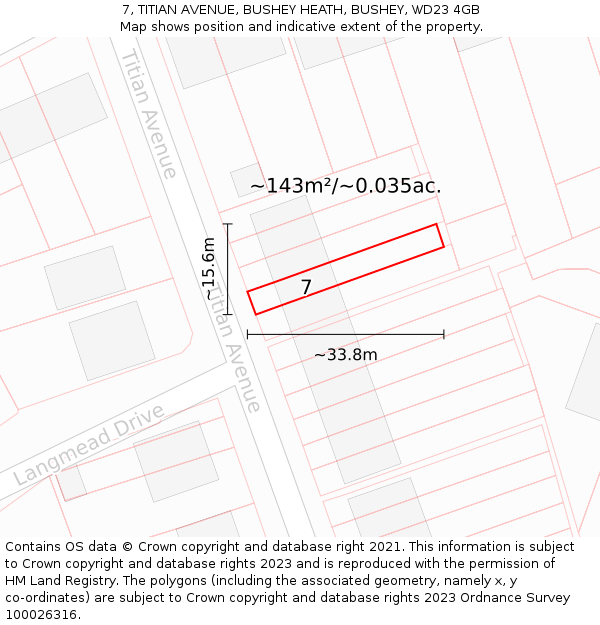 7, TITIAN AVENUE, BUSHEY HEATH, BUSHEY, WD23 4GB: Plot and title map