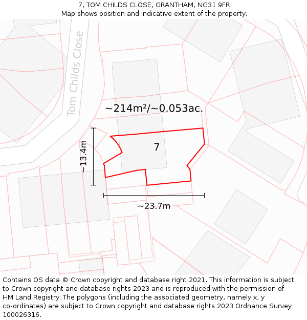 7, TOM CHILDS CLOSE, GRANTHAM, NG31 9FR: Plot and title map