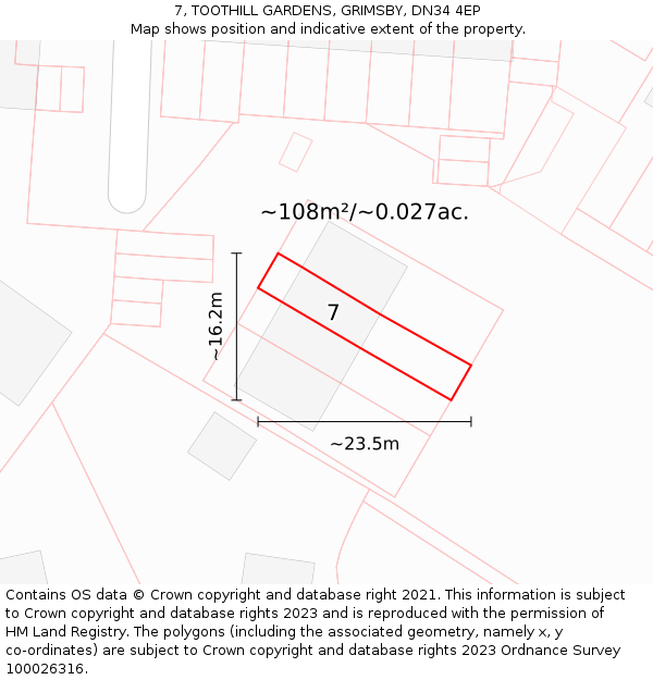 7, TOOTHILL GARDENS, GRIMSBY, DN34 4EP: Plot and title map