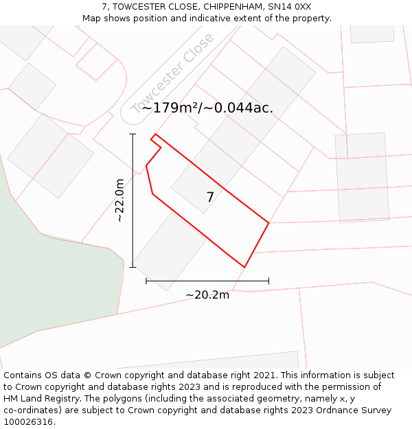 7, TOWCESTER CLOSE, CHIPPENHAM, SN14 0XX: Plot and title map