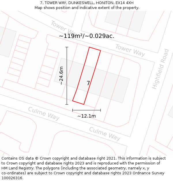 7, TOWER WAY, DUNKESWELL, HONITON, EX14 4XH: Plot and title map