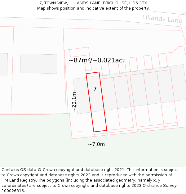 7, TOWN VIEW, LILLANDS LANE, BRIGHOUSE, HD6 3BX: Plot and title map