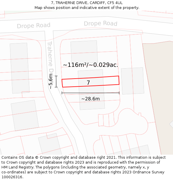 7, TRAHERNE DRIVE, CARDIFF, CF5 4UL: Plot and title map