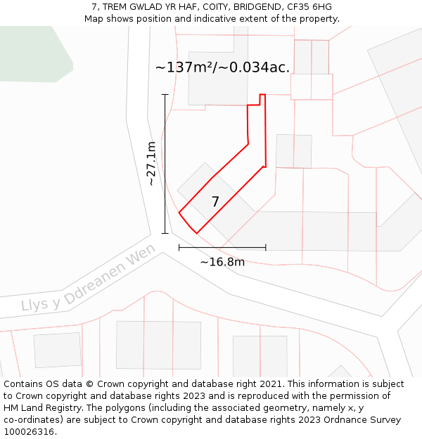 7, TREM GWLAD YR HAF, COITY, BRIDGEND, CF35 6HG: Plot and title map