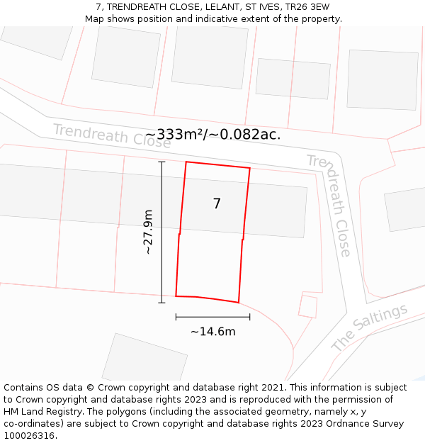 7, TRENDREATH CLOSE, LELANT, ST IVES, TR26 3EW: Plot and title map