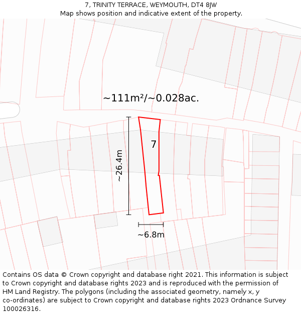 7, TRINITY TERRACE, WEYMOUTH, DT4 8JW: Plot and title map