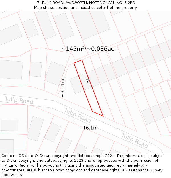 7, TULIP ROAD, AWSWORTH, NOTTINGHAM, NG16 2RS: Plot and title map