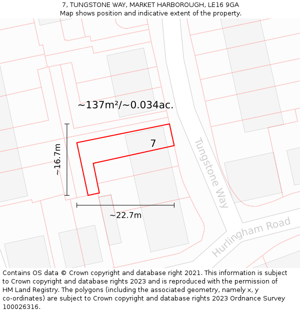 7, TUNGSTONE WAY, MARKET HARBOROUGH, LE16 9GA: Plot and title map