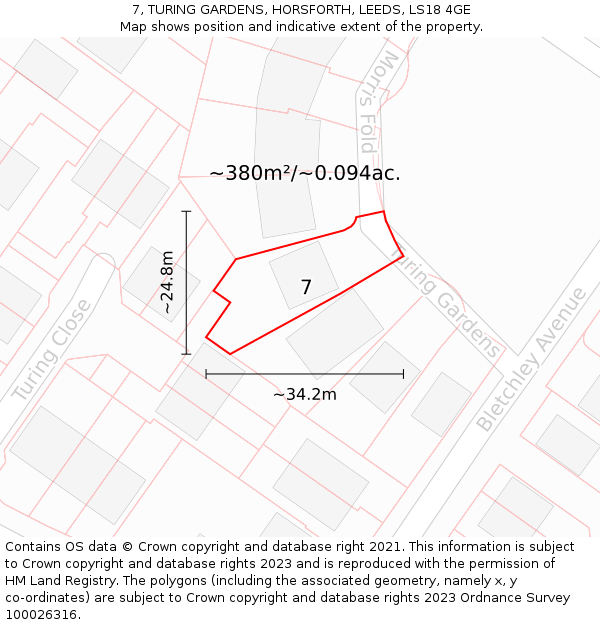 7, TURING GARDENS, HORSFORTH, LEEDS, LS18 4GE: Plot and title map