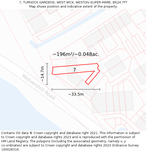 7, TURNOCK GARDENS, WEST WICK, WESTON-SUPER-MARE, BS24 7FT: Plot and title map