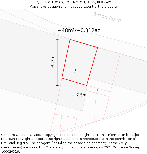 7, TURTON ROAD, TOTTINGTON, BURY, BL8 4AW: Plot and title map