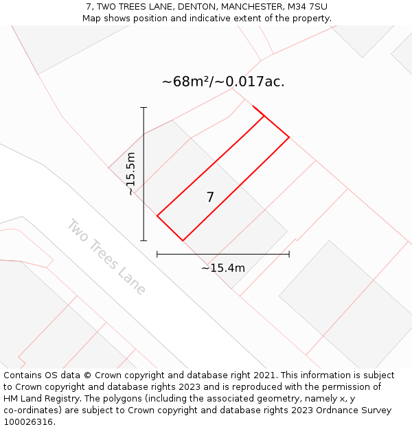 7, TWO TREES LANE, DENTON, MANCHESTER, M34 7SU: Plot and title map